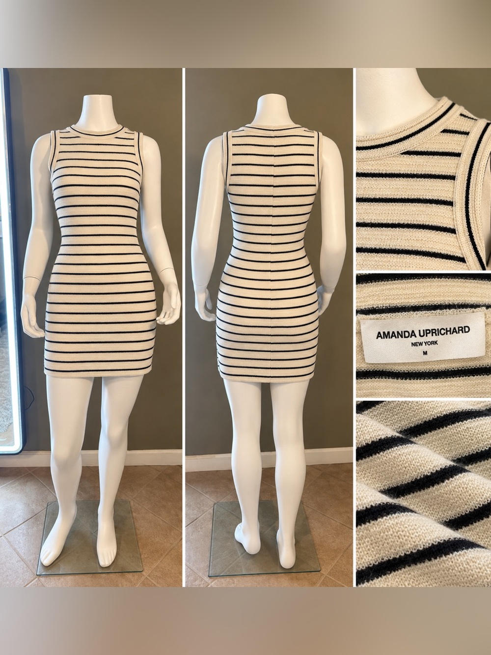 Amanda Uprichard Cream and Black Striped Sleeveless Terry Mini Dress